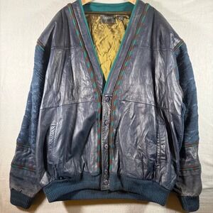 SAXONY Mens Leather Knit Cardigan Sweater Blue Black 3XL 3D Coogi Style 27x32